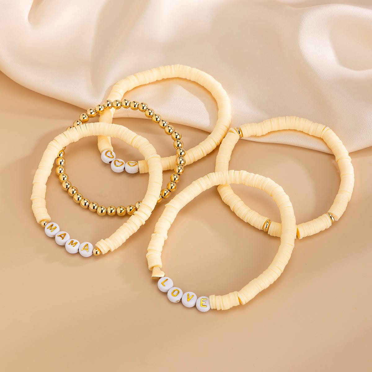 Mother's Day Heart Letter Polymer Clay Beaded Bracelet Set - ArtGalleryZen