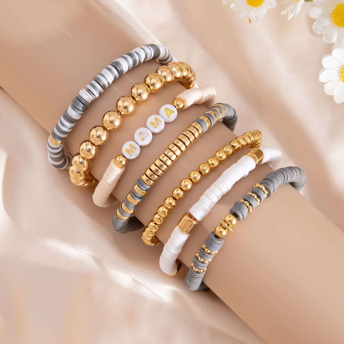 Mother's Day Theme 7pcs Heart Letter Polymer Clay Beaded Bracelet Set - ArtGalleryZen