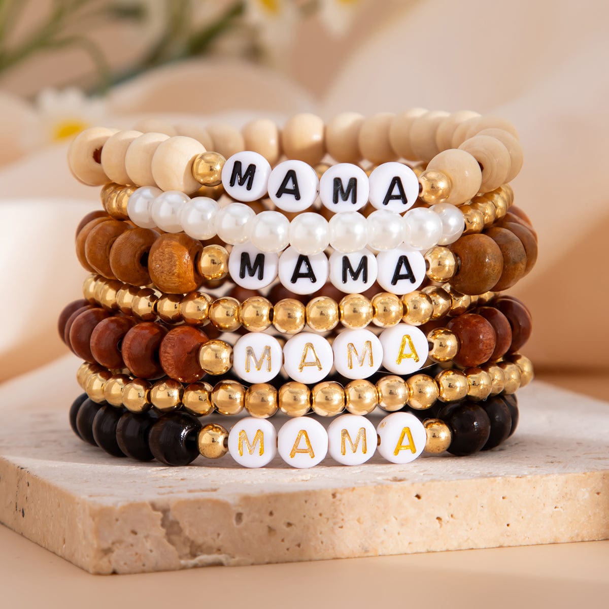 Mother's Day Theme 7pcs Letter Wood Beaded Bracelet Set - ArtGalleryZen
