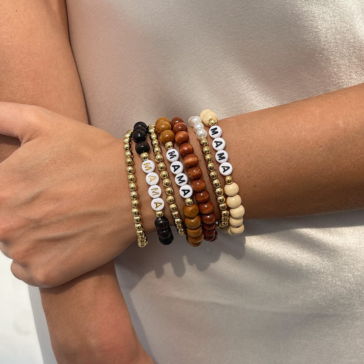 Mother's Day Theme 7pcs Letter Wood Beaded Bracelet Set - ArtGalleryZen