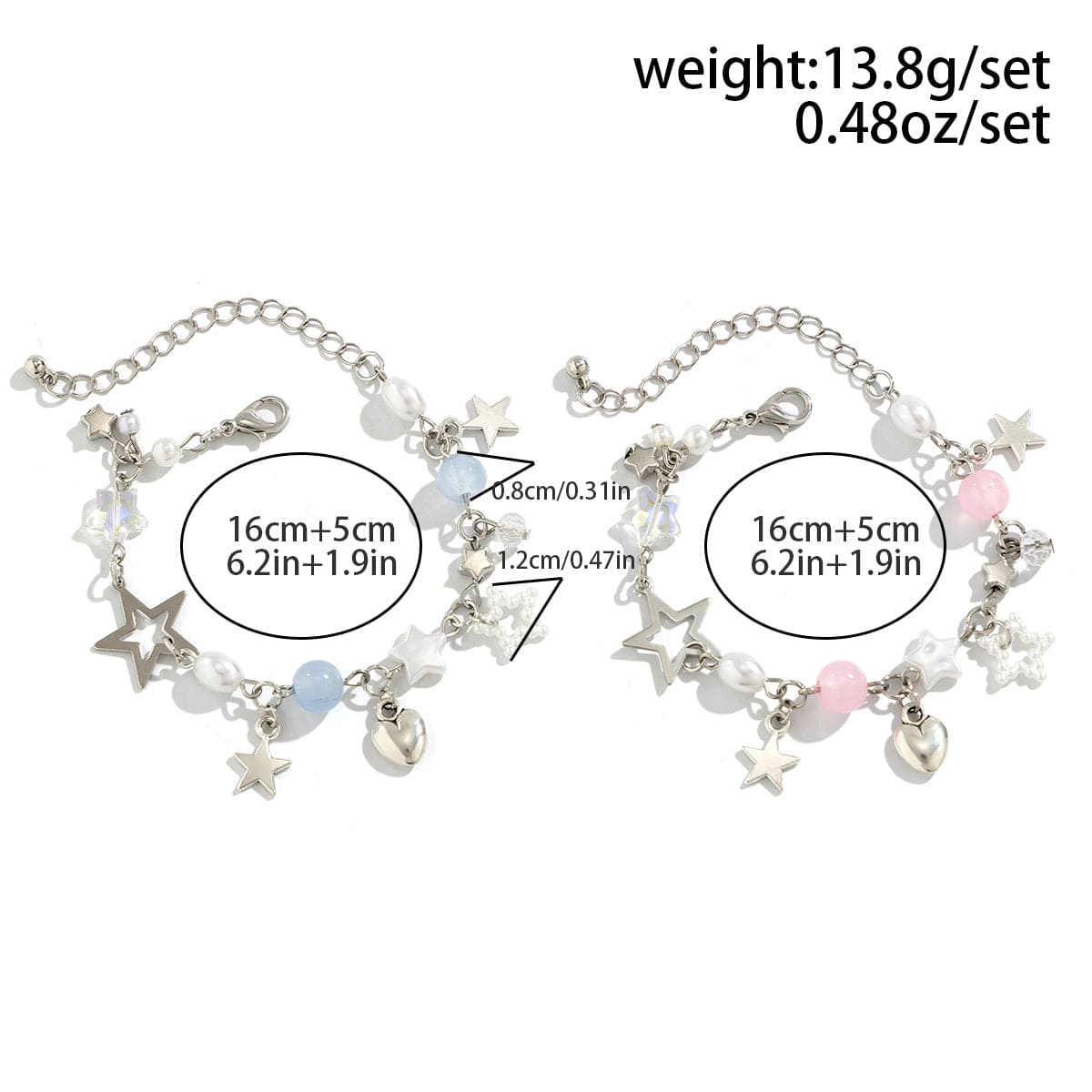 Newly 2 Pcs Heart Star Tassel Crystal Pearl Chain Bracelet Set