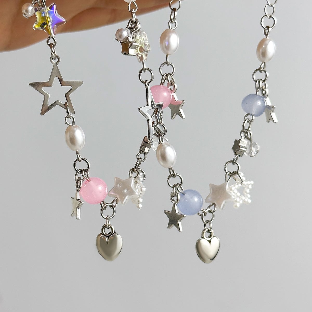 Newly 2 Pcs Heart Star Tassel Crystal Pearl Chain Bracelet Set