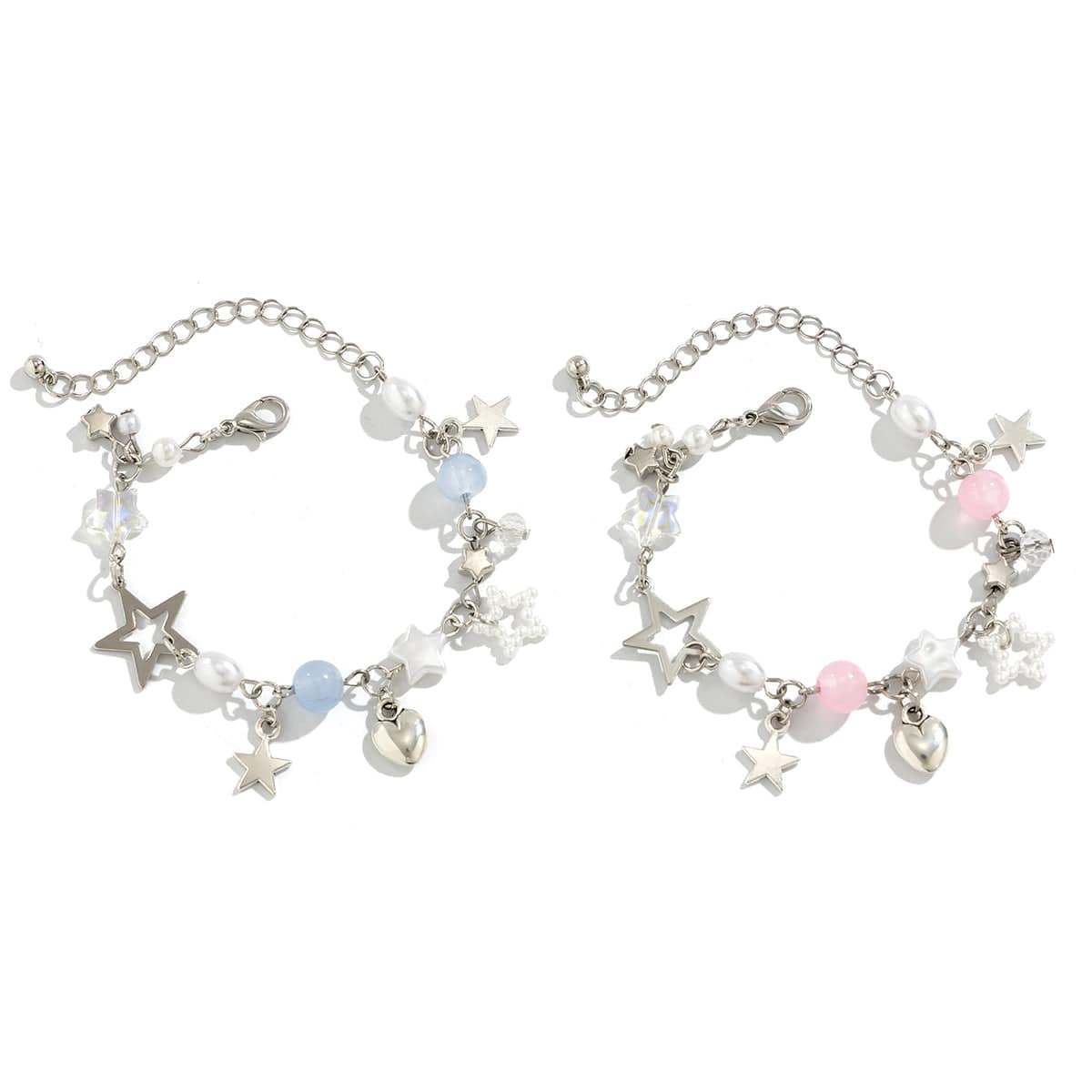 Newly 2 Pcs Heart Star Tassel Crystal Pearl Chain Bracelet Set