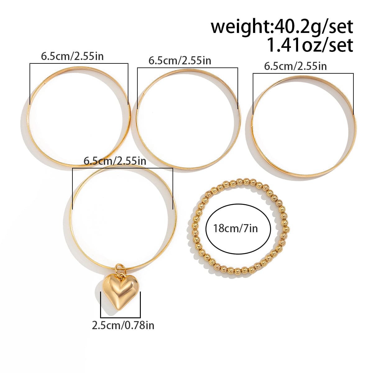 Newly 5pcs Heart Pendant Ball Chain Bangle Bracelet Set - ArtGalleryZen