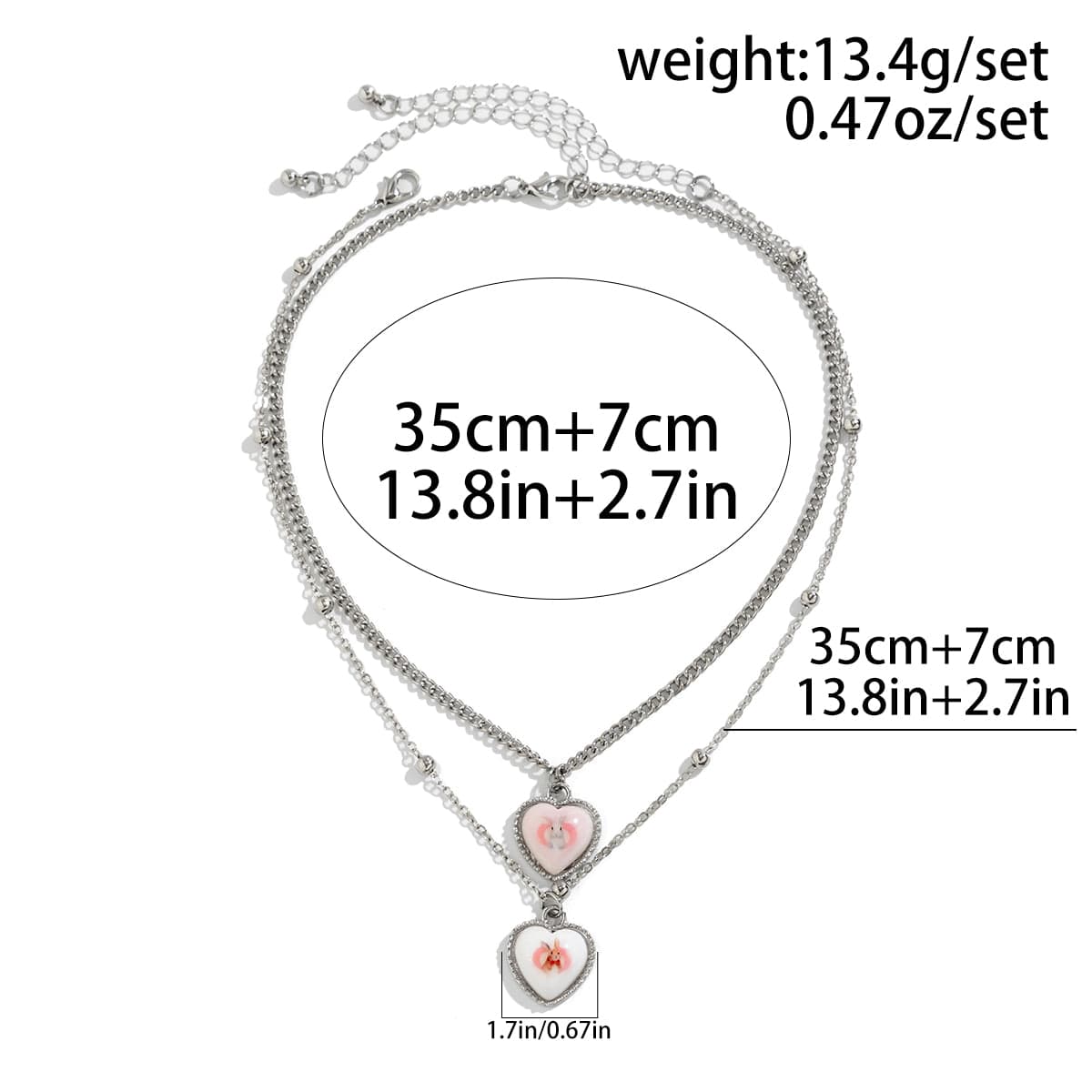 Newly Double Layered Rabbit Pattern Heart Pendant Ball Chain Necklace Set - ArtGalleryZen