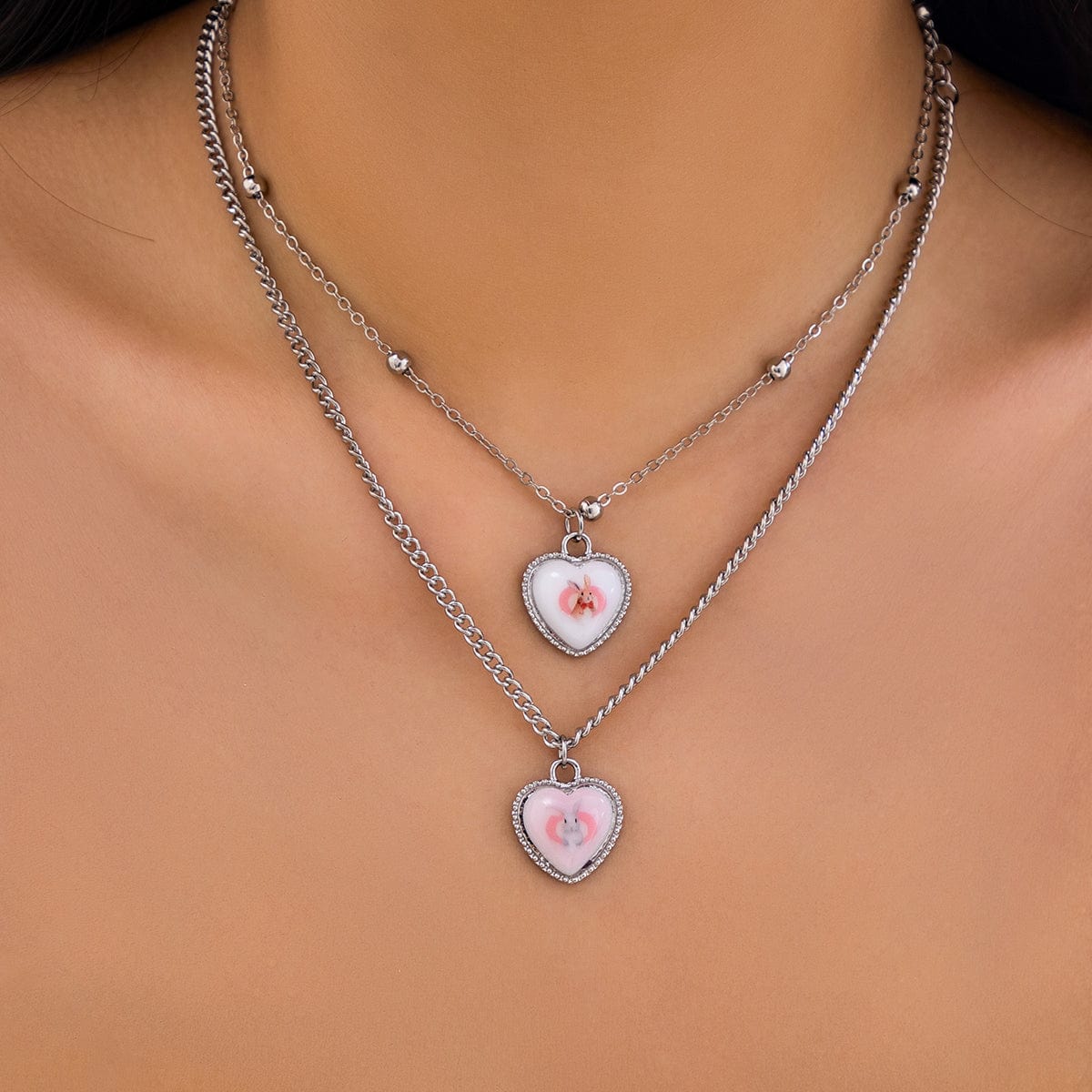 Newly Double Layered Rabbit Pattern Heart Pendant Ball Chain Necklace Set - ArtGalleryZen