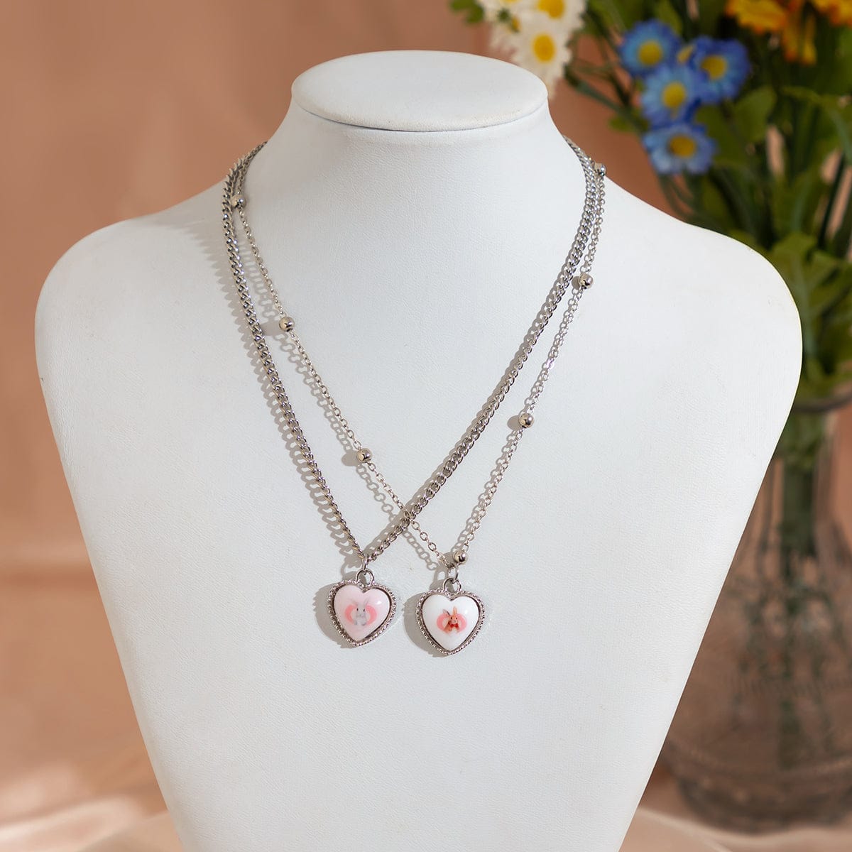 Newly Double Layered Rabbit Pattern Heart Pendant Ball Chain Necklace Set - ArtGalleryZen