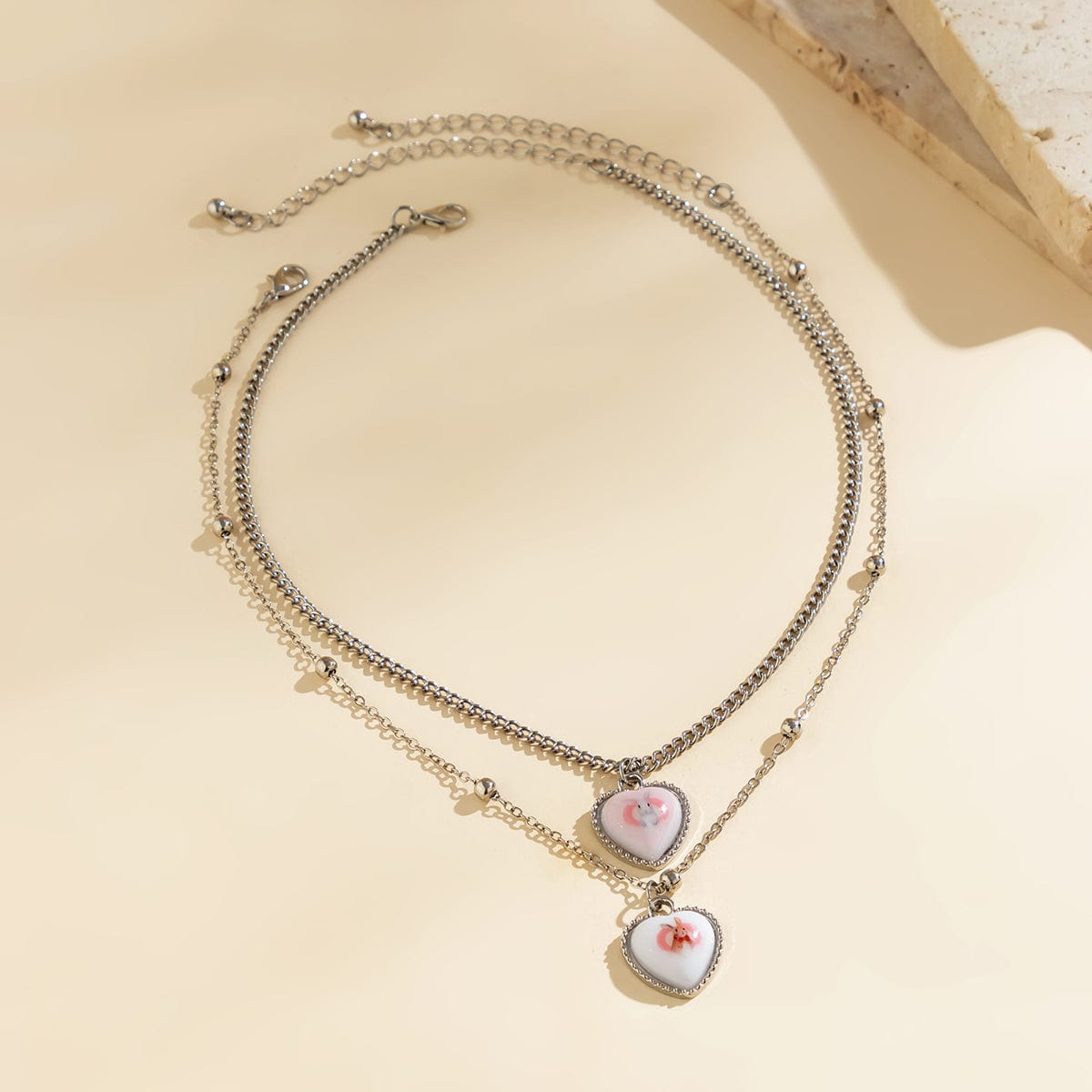 Newly Double Layered Rabbit Pattern Heart Pendant Ball Chain Necklace Set - ArtGalleryZen