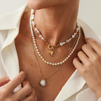 Thumbnail for Newly Layered Gold Tone Heart Pendant Pearl Chain Necklace Set - ArtGalleryZen