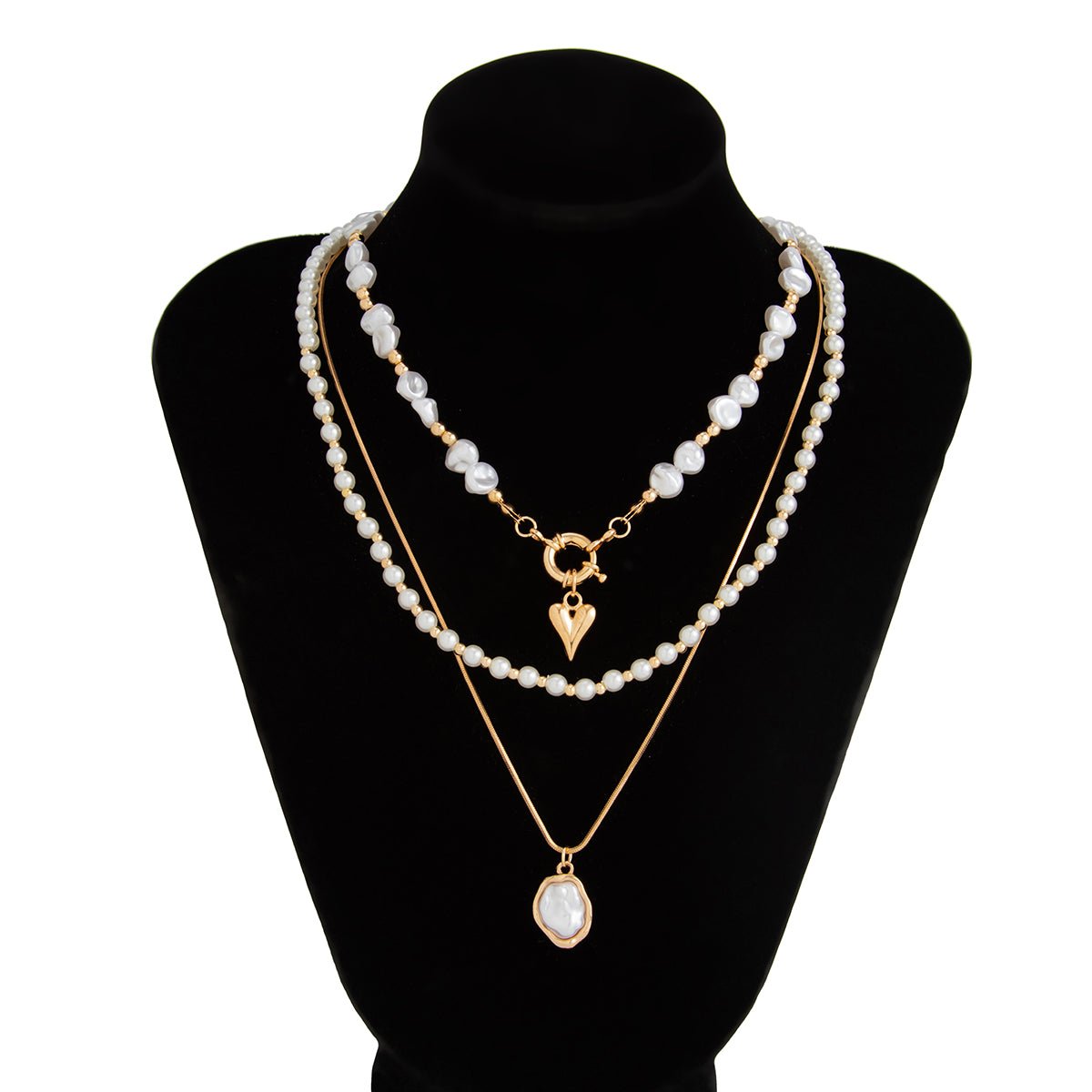 Newly Layered Gold Tone Heart Pendant Pearl Chain Necklace Set - ArtGalleryZen