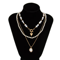 Thumbnail for Newly Layered Gold Tone Heart Pendant Pearl Chain Necklace Set - ArtGalleryZen