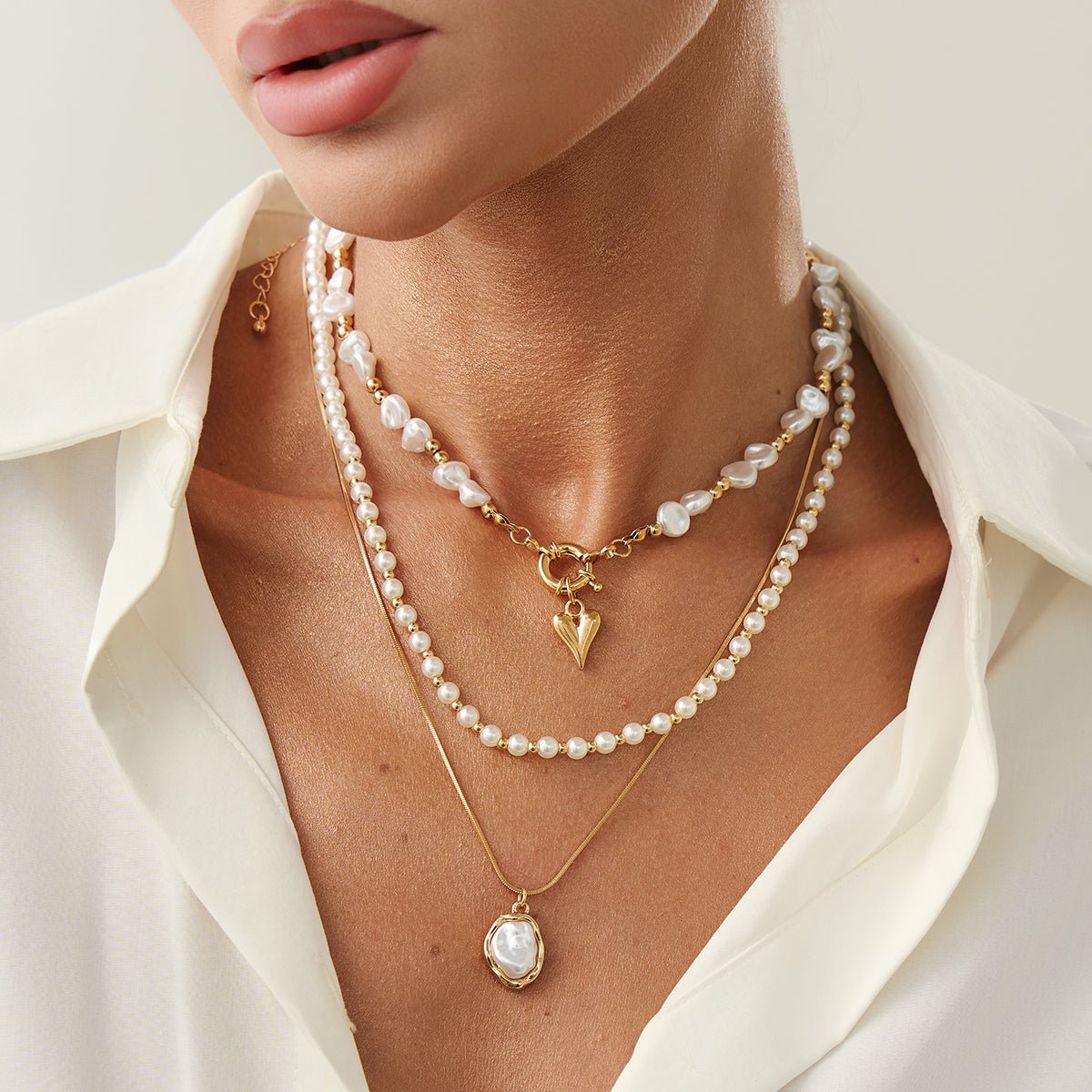 Newly Layered Gold Tone Heart Pendant Pearl Chain Necklace Set - ArtGalleryZen
