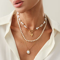 Thumbnail for Newly Layered Gold Tone Heart Pendant Pearl Chain Necklace Set - ArtGalleryZen