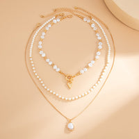 Thumbnail for Newly Layered Gold Tone Heart Pendant Pearl Chain Necklace Set - ArtGalleryZen