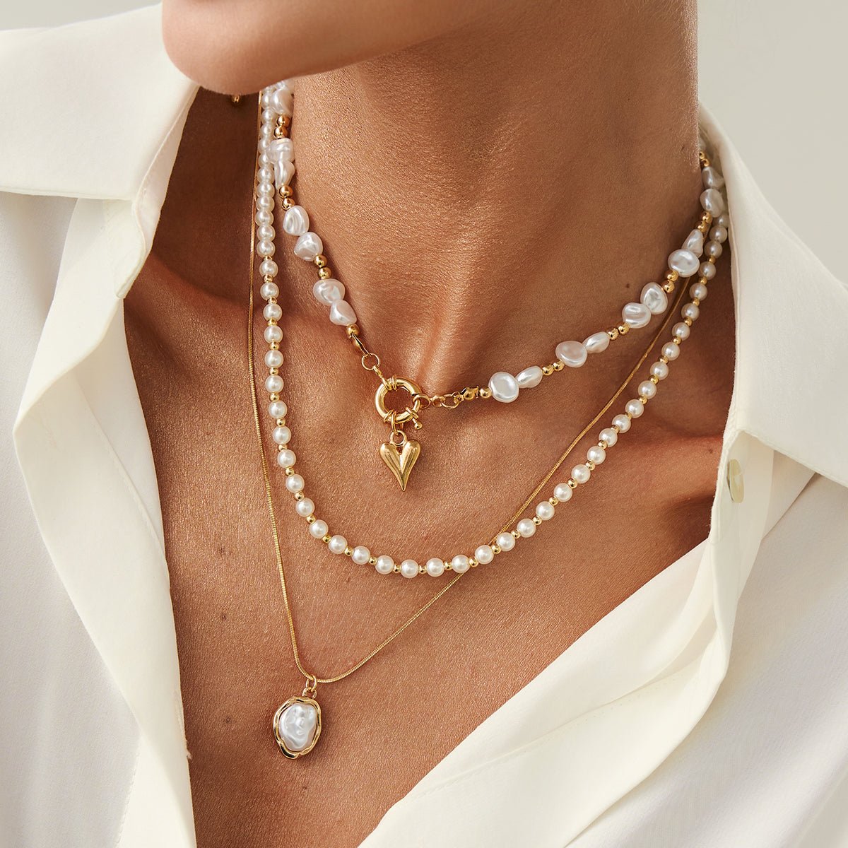 Newly Layered Gold Tone Heart Pendant Pearl Chain Necklace Set - ArtGalleryZen