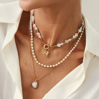 Thumbnail for Newly Layered Gold Tone Heart Pendant Pearl Chain Necklace Set - ArtGalleryZen