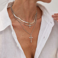 Thumbnail for Newly Layered Rhinestone Inlaid Cross Pendant Herringbone Curb Chain Necklace - ArtGalleryZen