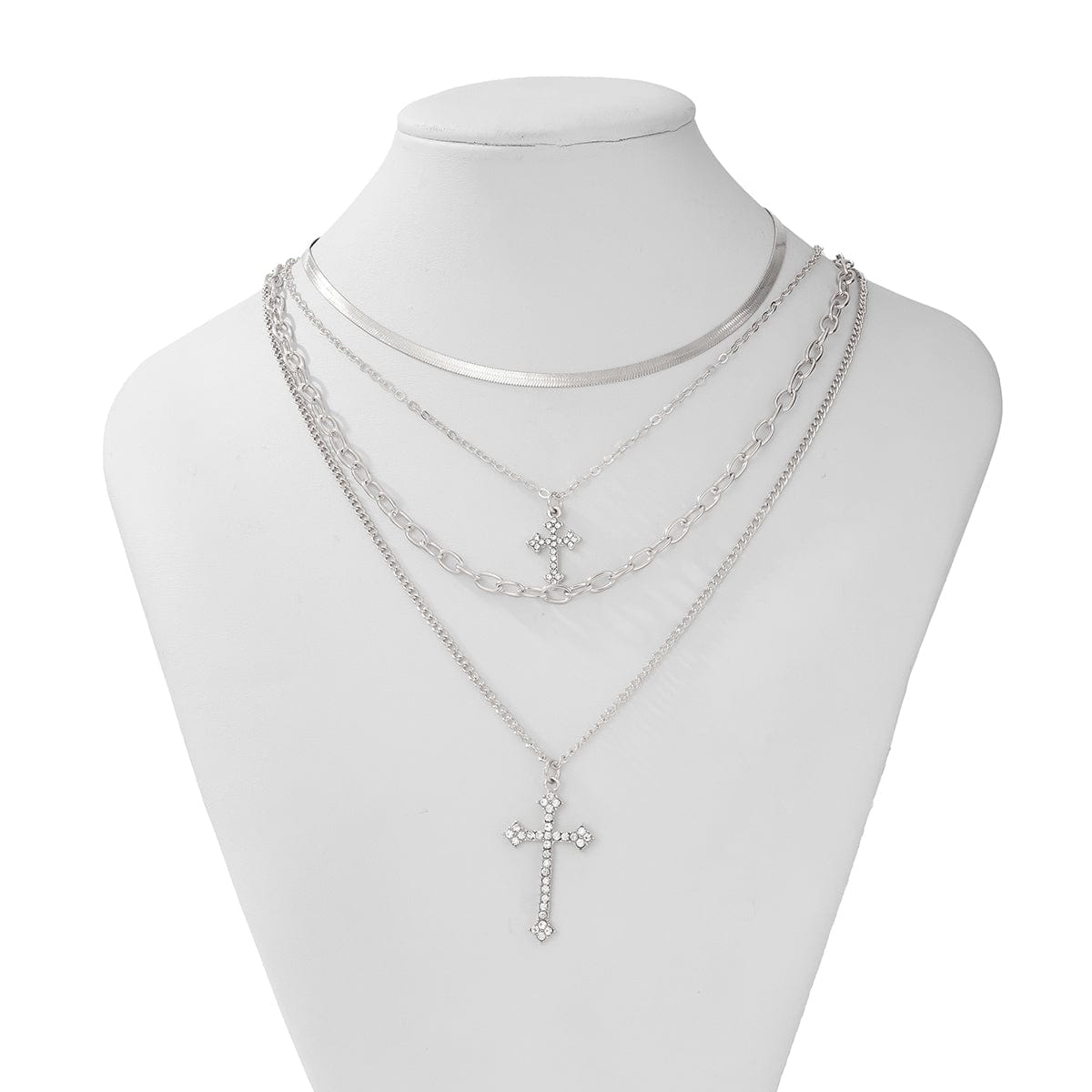 Newly Layered Rhinestone Inlaid Cross Pendant Herringbone Curb Chain Necklace - ArtGalleryZen