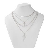 Thumbnail for Newly Layered Rhinestone Inlaid Cross Pendant Herringbone Curb Chain Necklace - ArtGalleryZen