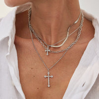 Thumbnail for Newly Layered Rhinestone Inlaid Cross Pendant Herringbone Curb Chain Necklace - ArtGalleryZen