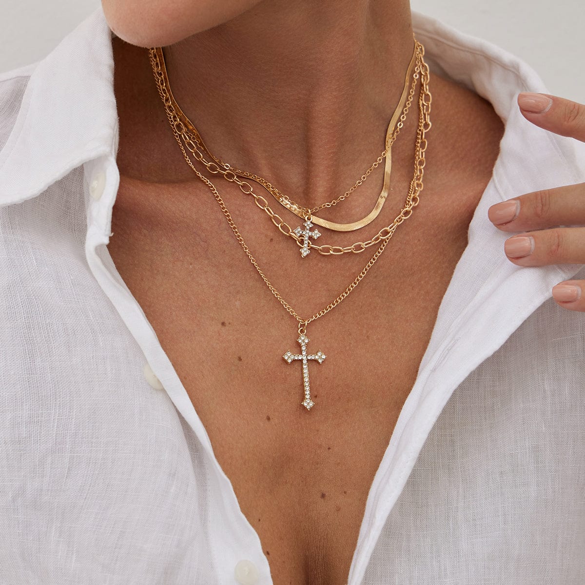 Newly Layered Rhinestone Inlaid Cross Pendant Herringbone Curb Chain Necklace - ArtGalleryZen