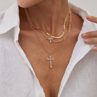Thumbnail for Newly Layered Rhinestone Inlaid Cross Pendant Herringbone Curb Chain Necklace - ArtGalleryZen