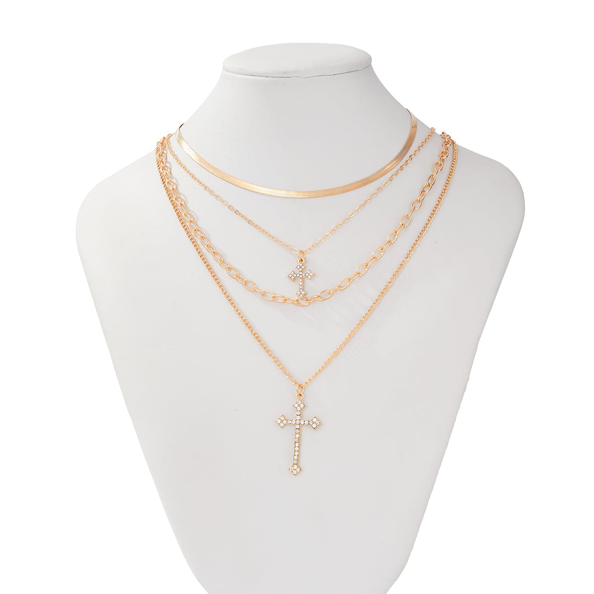 Newly Layered Rhinestone Inlaid Cross Pendant Herringbone Curb Chain Necklace - ArtGalleryZen