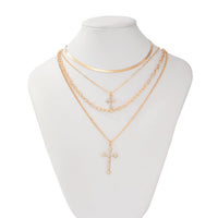 Thumbnail for Newly Layered Rhinestone Inlaid Cross Pendant Herringbone Curb Chain Necklace - ArtGalleryZen