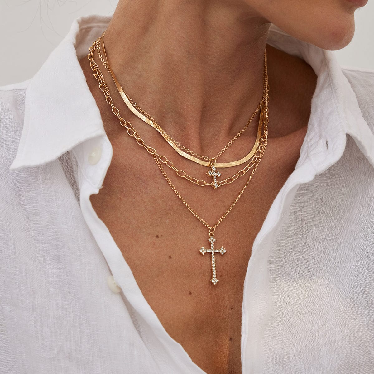 Newly Layered Rhinestone Inlaid Cross Pendant Herringbone Curb Chain Necklace - ArtGalleryZen