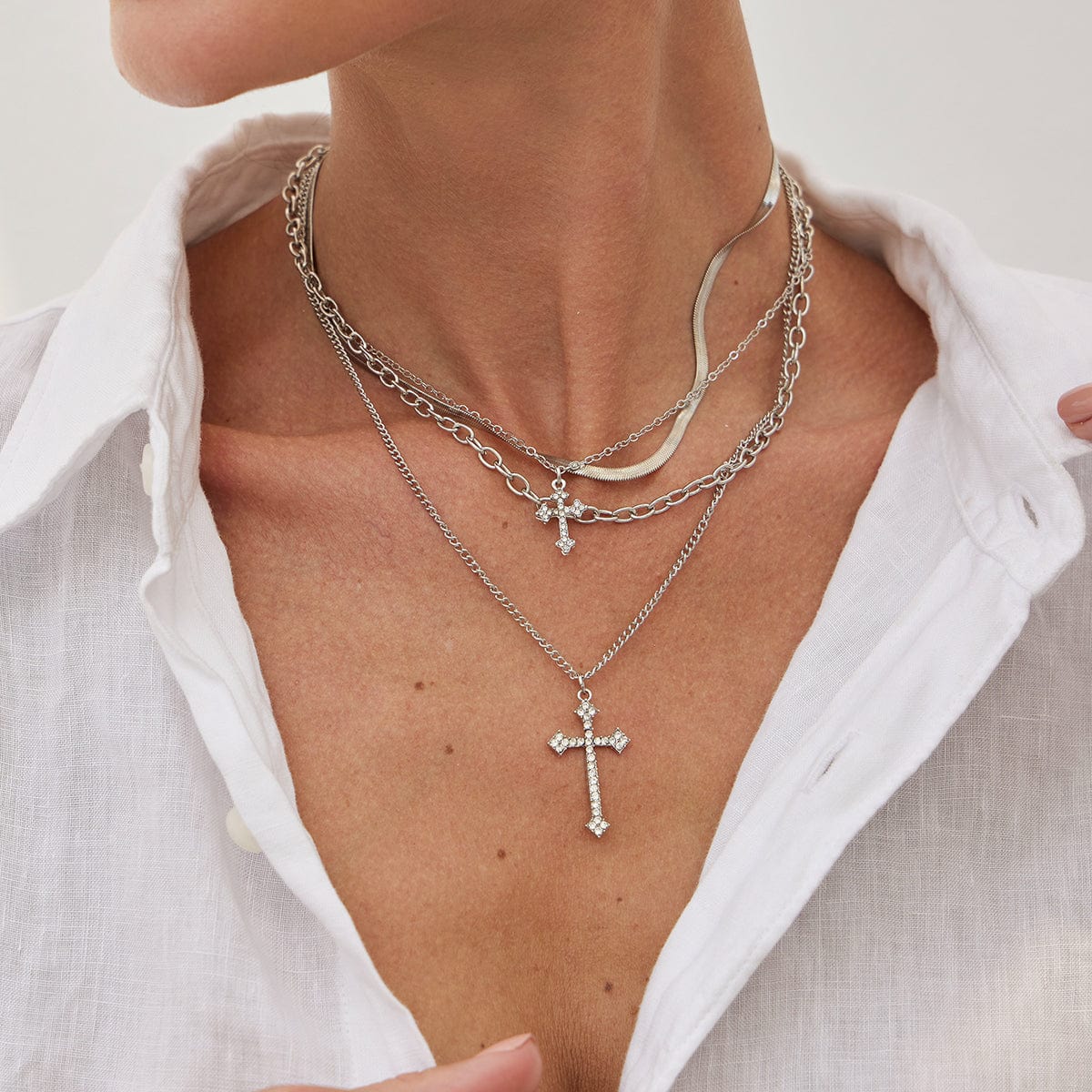 Newly Layered Rhinestone Inlaid Cross Pendant Herringbone Curb Chain Necklace - ArtGalleryZen