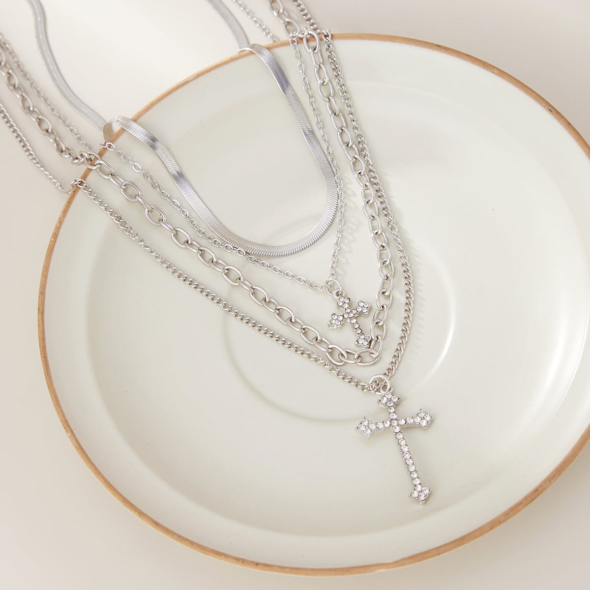 Newly Layered Rhinestone Inlaid Cross Pendant Herringbone Curb Chain Necklace - ArtGalleryZen