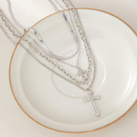 Thumbnail for Newly Layered Rhinestone Inlaid Cross Pendant Herringbone Curb Chain Necklace - ArtGalleryZen