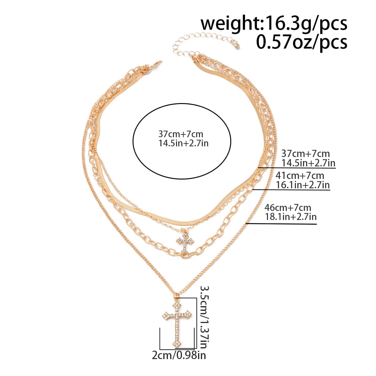 Newly Layered Rhinestone Inlaid Cross Pendant Herringbone Curb Chain Necklace - ArtGalleryZen