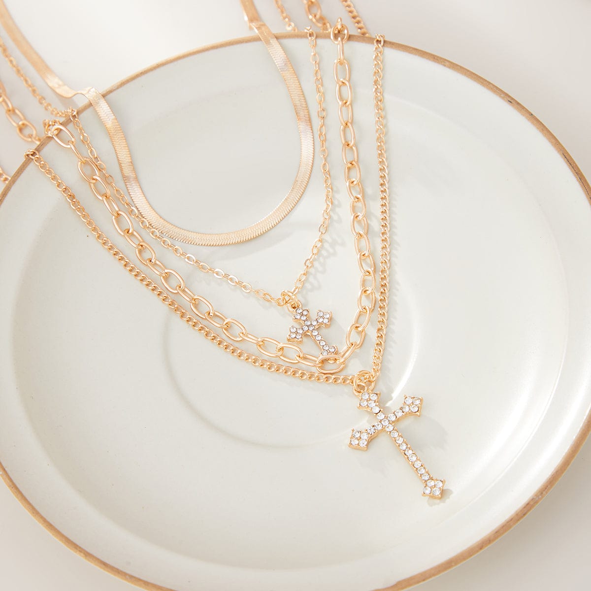 Newly Layered Rhinestone Inlaid Cross Pendant Herringbone Curb Chain Necklace - ArtGalleryZen