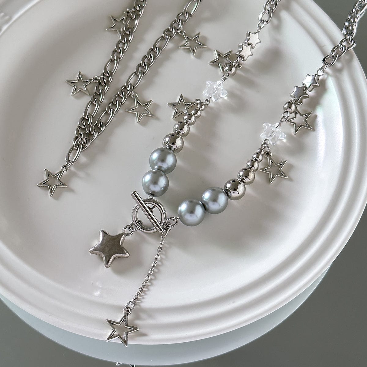 Newly Layered Toggle Clasp Star Tassel Ball Chain Necklace Set - ArtGalleryZen