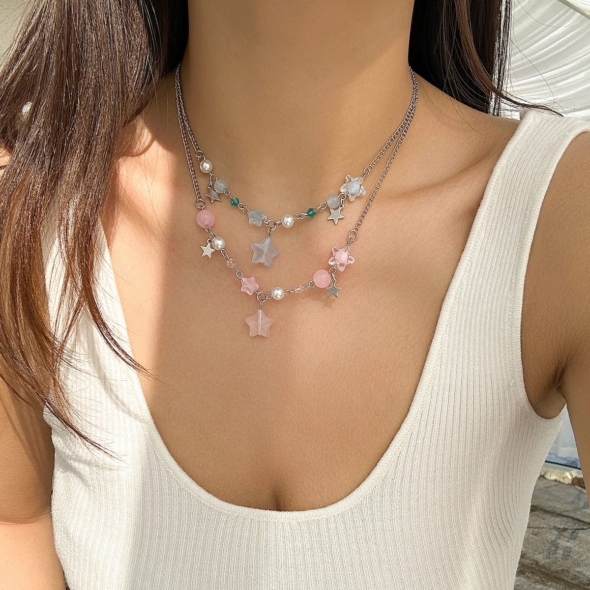 Newly Two Tone Layered Star Pendant Pearl Necklace - ArtGalleryZen