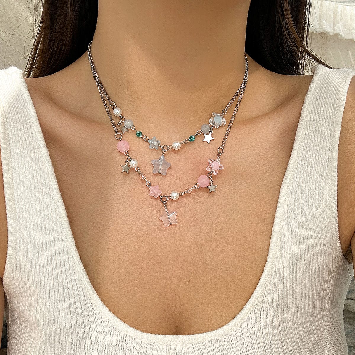 Newly Two Tone Layered Star Pendant Pearl Necklace - ArtGalleryZen