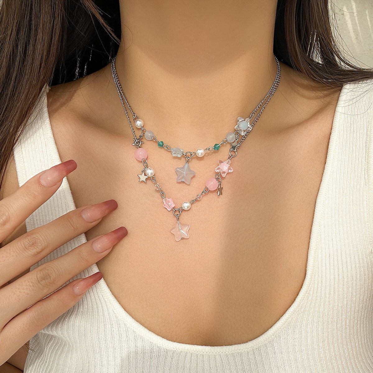 Newly Two Tone Layered Star Pendant Pearl Necklace - ArtGalleryZen