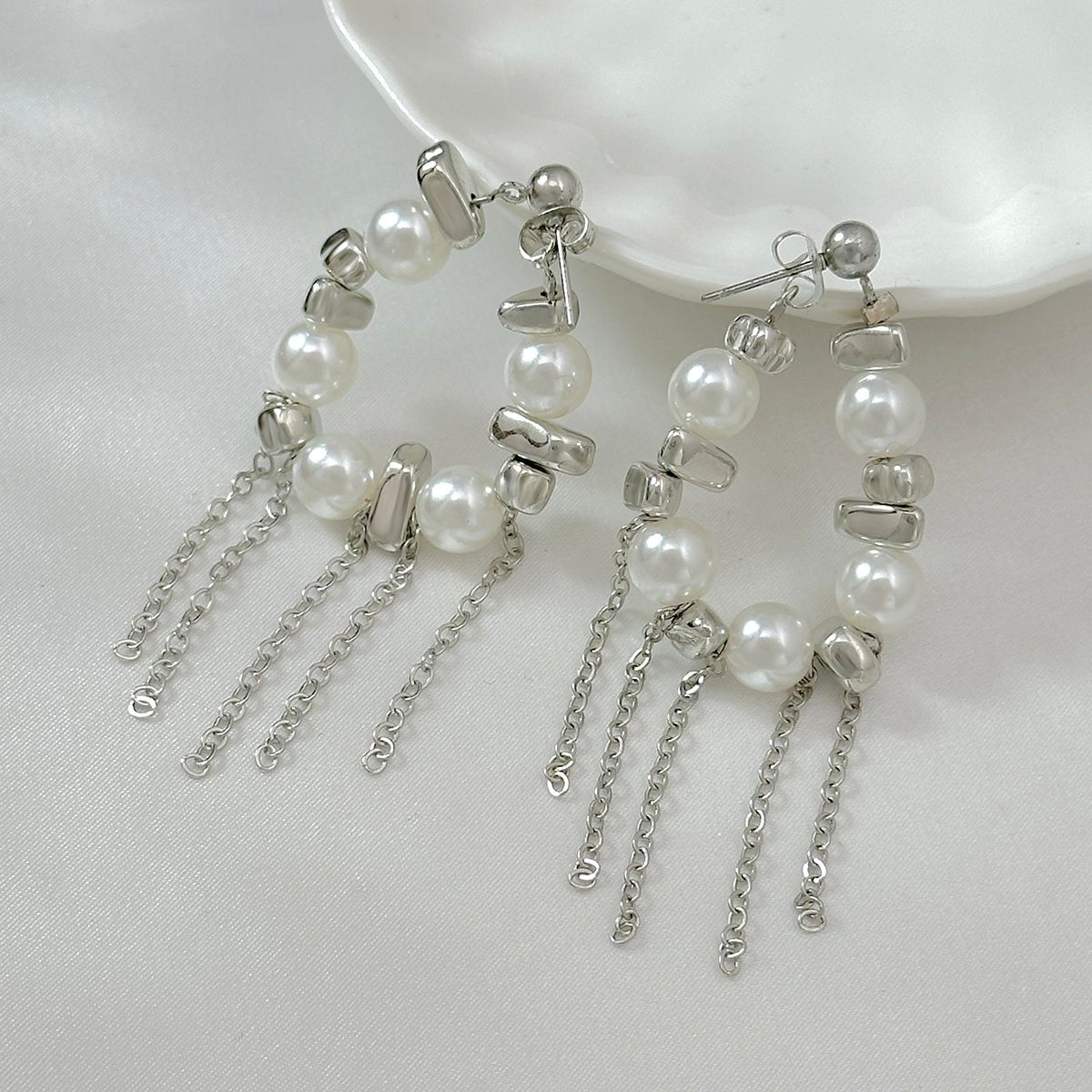 Newly Pearl Beaded Tassel Chain Earrings - ArtGalleryZen