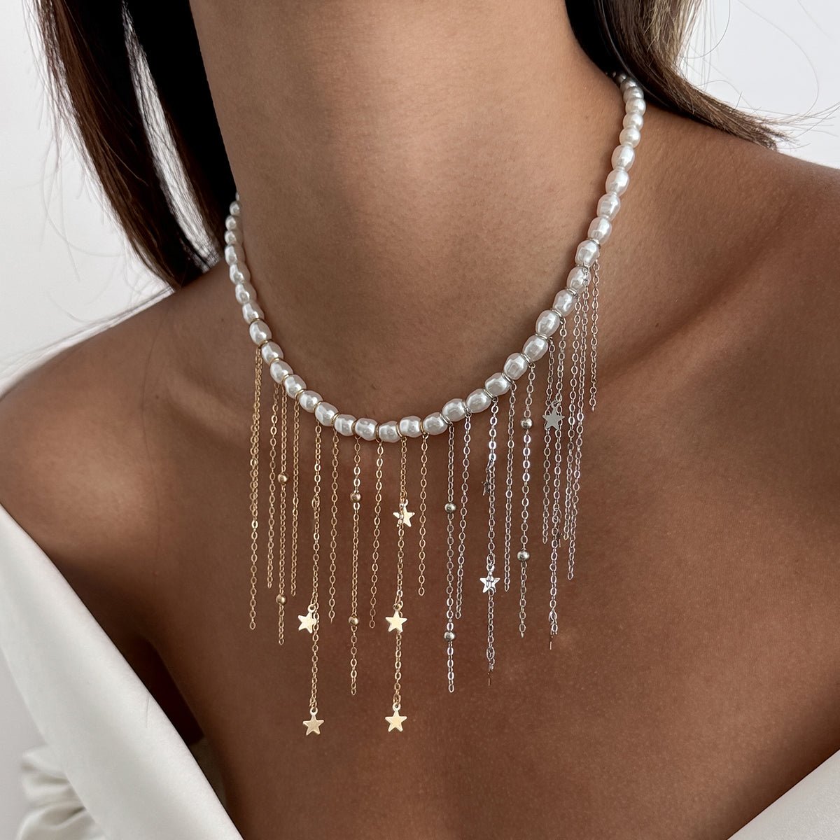 Newly Two Tone Star Ball Chain Tassel Pearl Necklace - ArtGalleryZen