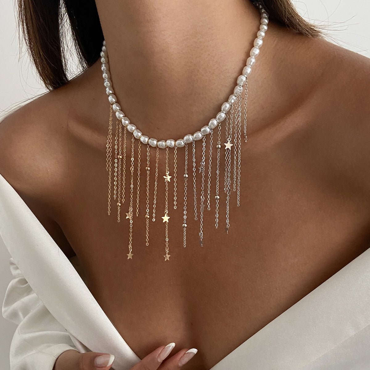 Newly Two Tone Star Ball Chain Tassel Pearl Necklace - ArtGalleryZen