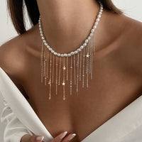 Thumbnail for Newly Two Tone Star Ball Chain Tassel Pearl Necklace - ArtGalleryZen