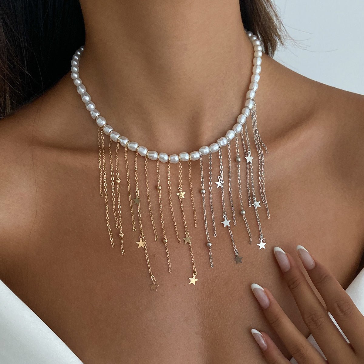 Newly Two Tone Star Ball Chain Tassel Pearl Necklace - ArtGalleryZen