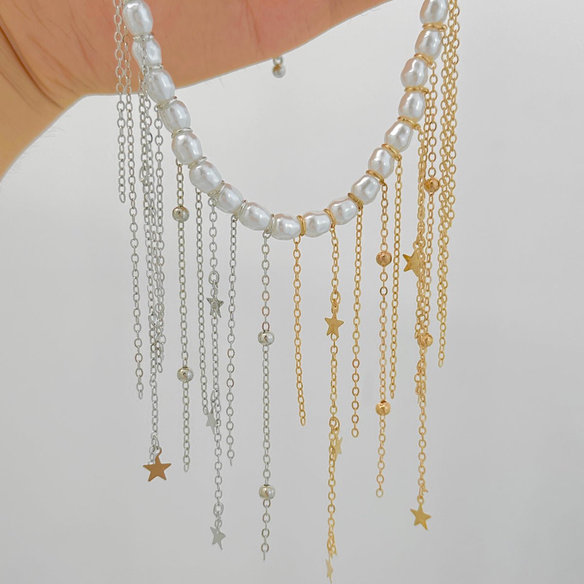 Newly Two Tone Star Ball Chain Tassel Pearl Necklace - ArtGalleryZen