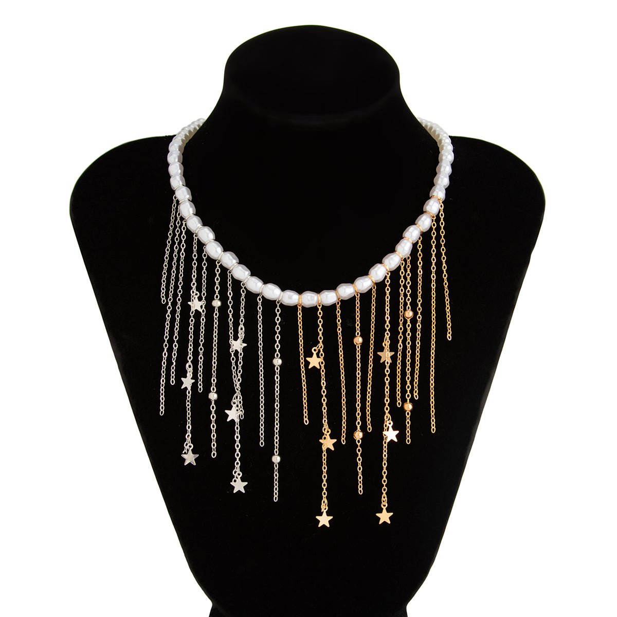 Newly Two Tone Star Ball Chain Tassel Pearl Necklace - ArtGalleryZen