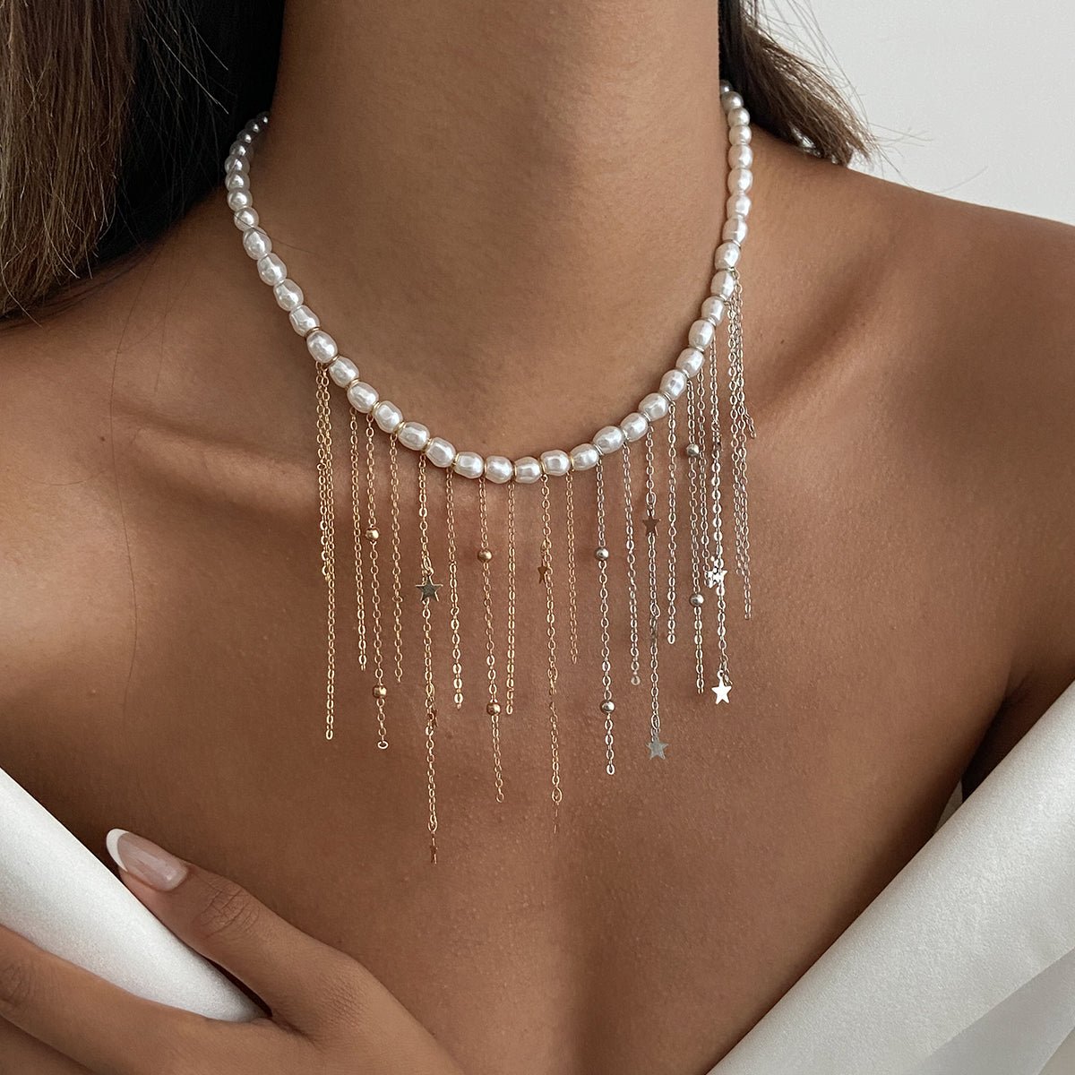 Newly Two Tone Star Ball Chain Tassel Pearl Necklace - ArtGalleryZen