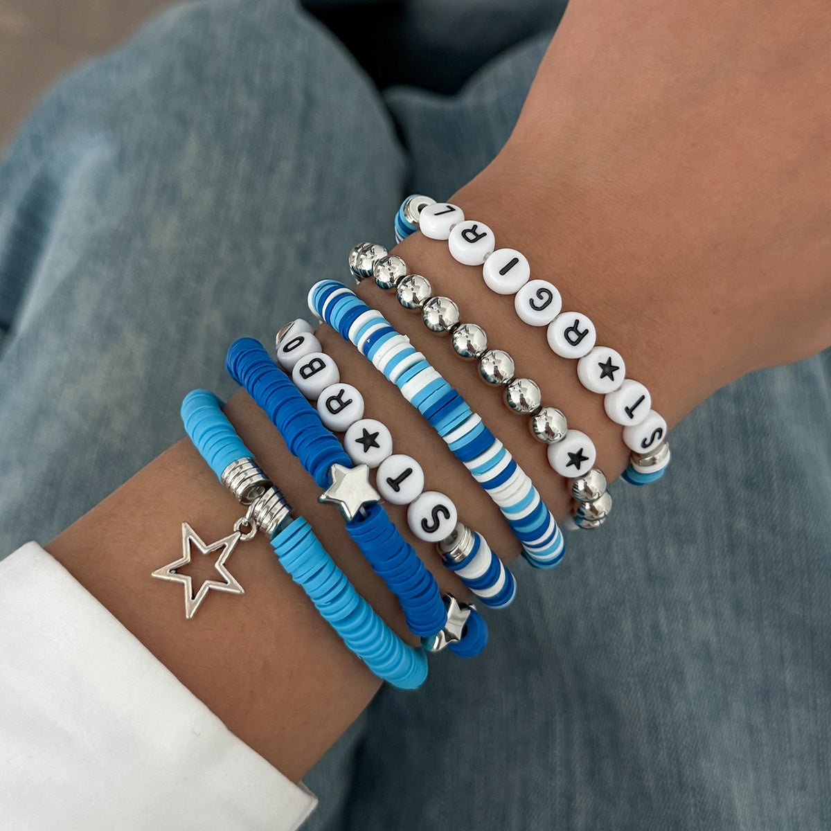 Ocean Blue Polymer Clay Beaded Bracelet Set Star Letter Charm - ArtGalleryZen