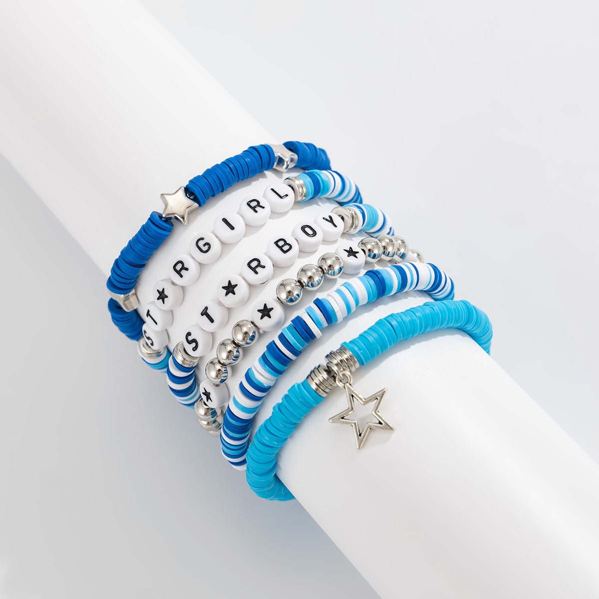 Ocean Blue Polymer Clay Beaded Bracelet Set Star Letter Charm - ArtGalleryZen