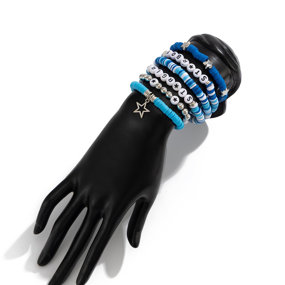 Ocean Blue Polymer Clay Beaded Bracelet Set Star Letter Charm - ArtGalleryZen