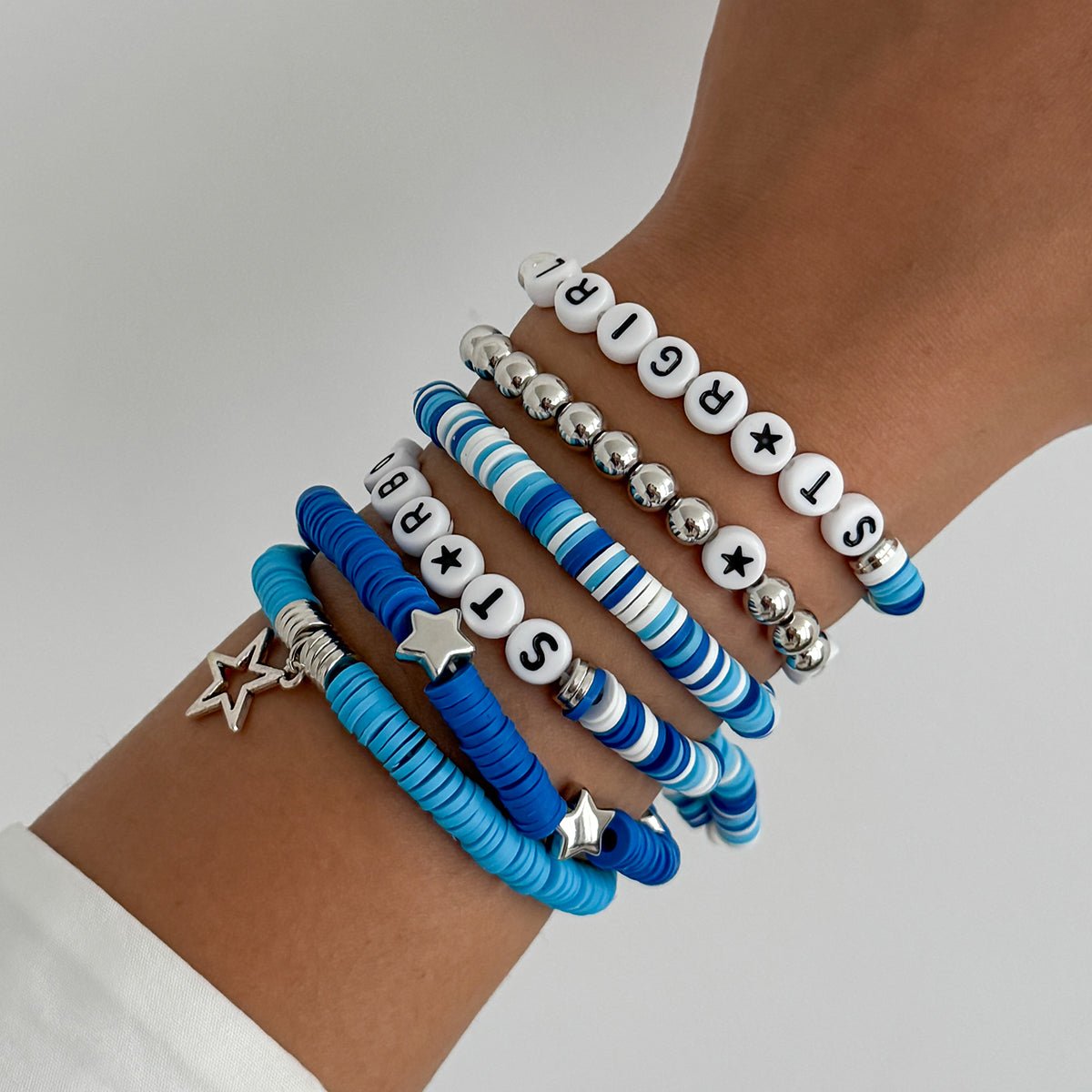Ocean Blue Polymer Clay Beaded Bracelet Set Star Letter Charm - ArtGalleryZen